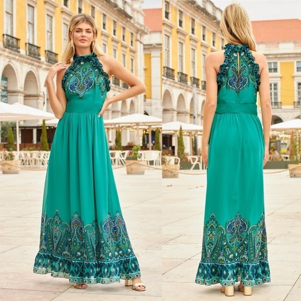 Boston Proper Paisley Print Ruffle High Neck Maxi Dress size - Picture 14 of 14